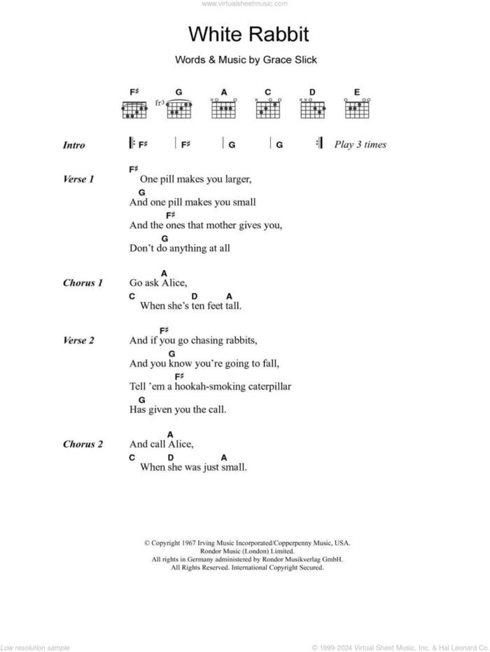 White Rabbit sheet music for guitar (chords) by Jefferson Airplane, intermediate skill level