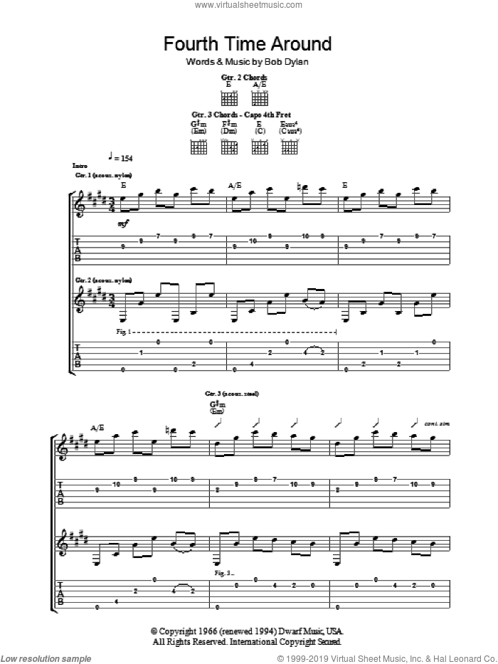 4th Time Around sheet music for guitar (tablature) by Bob Dylan, intermediate skill level