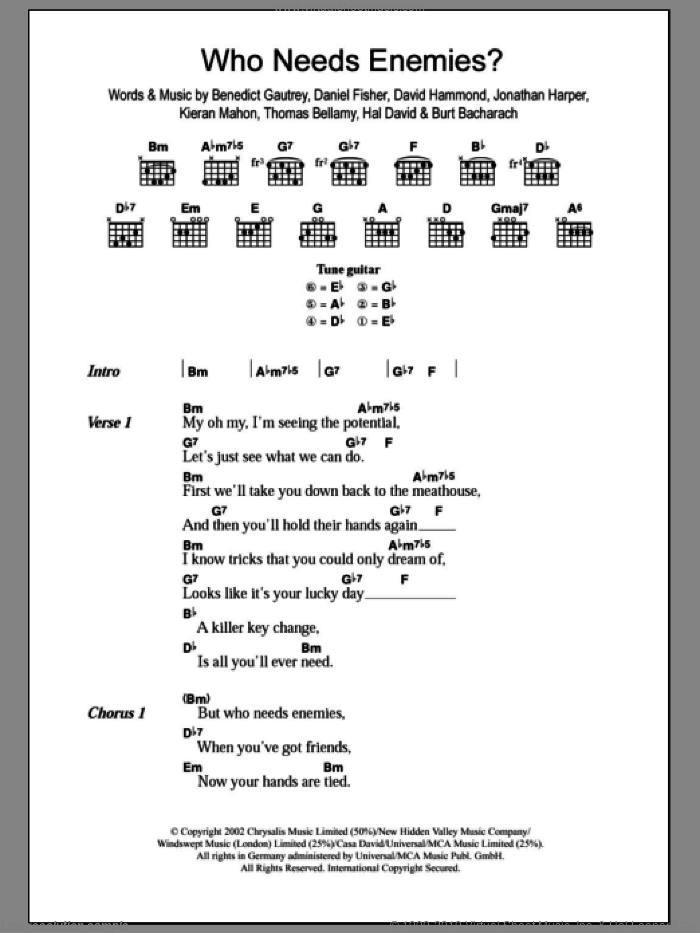Who Needs Enemies? sheet music for guitar (chords) by The Cooper Temple Clause, intermediate skill level