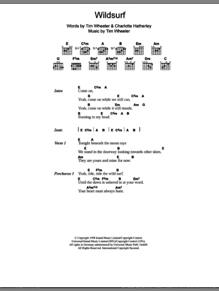 Wildsurf sheet music for guitar (chords) by Charlotte Hatherley and Tim Wheeler, intermediate skill level