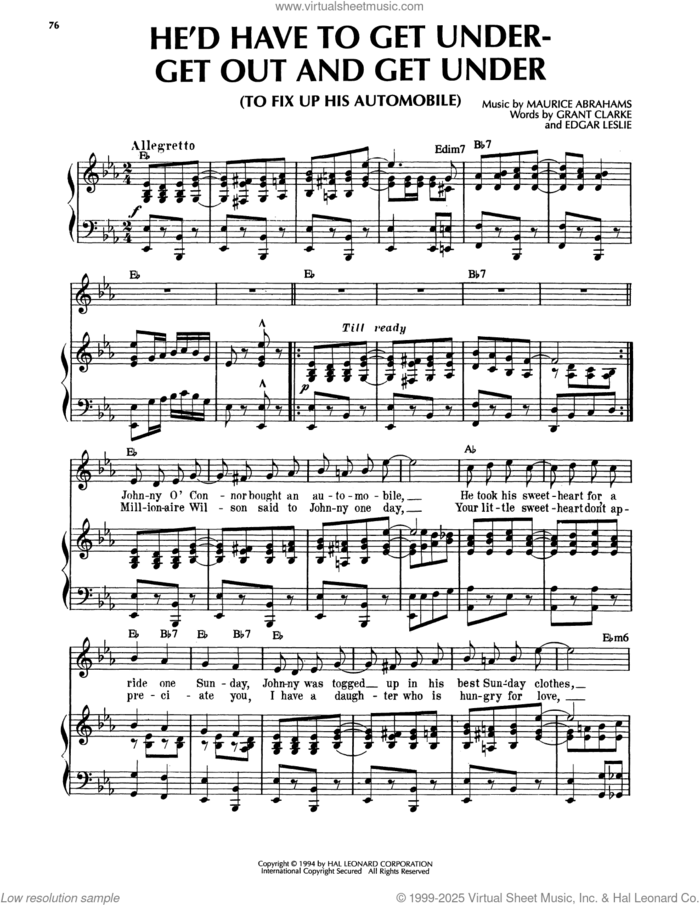 He'd Have To Get Under--Get Out And Get Under (To Fix Up His Automobile) sheet music for voice, piano or guitar by Grant Clarke, Edgar Leslie and Maurice Abrahams, intermediate skill level