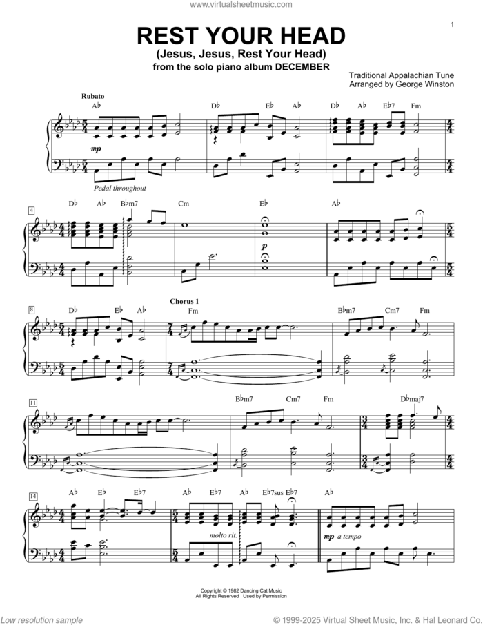 Rest Your Head (Jesus, Jesus, Rest Your Head) sheet music for piano solo by George Winston, George Winston (arr.) and Traditional Appalachian Tune, intermediate skill level