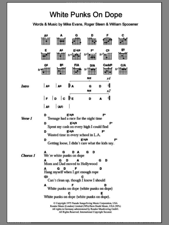 White Punks On Dope sheet music for guitar (chords) by The Tubes, intermediate skill level
