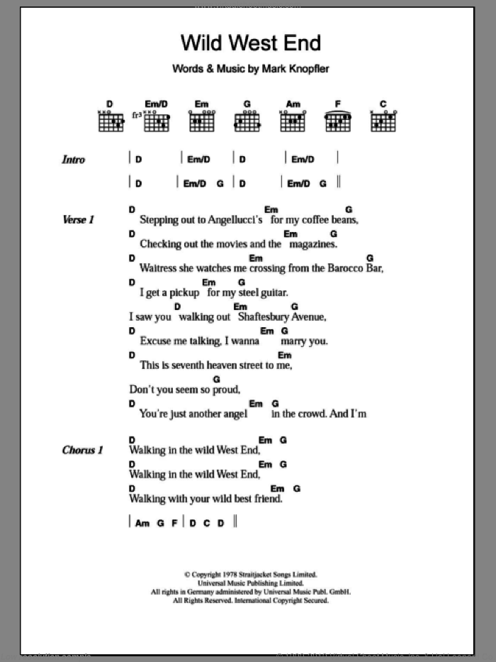 Wild West End sheet music for guitar (chords) by Dire Straits, intermediate skill level