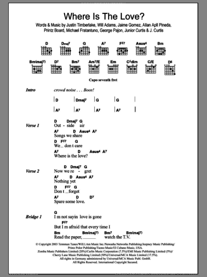 Where Is The Love sheet music for guitar (chords) by Black Eyed Peas, intermediate skill level