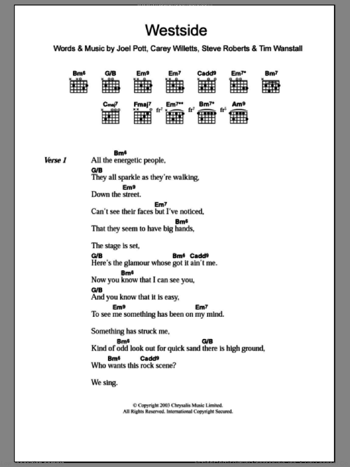 Westside sheet music for guitar (chords) by Athlete, intermediate skill level