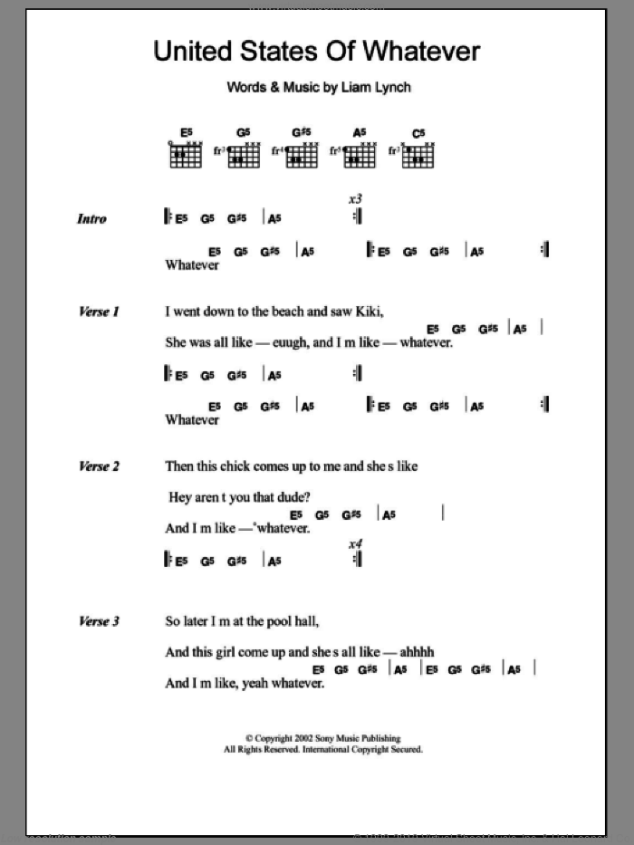 United States Of Whatever sheet music for guitar (chords) by Liam Lynch, intermediate skill level