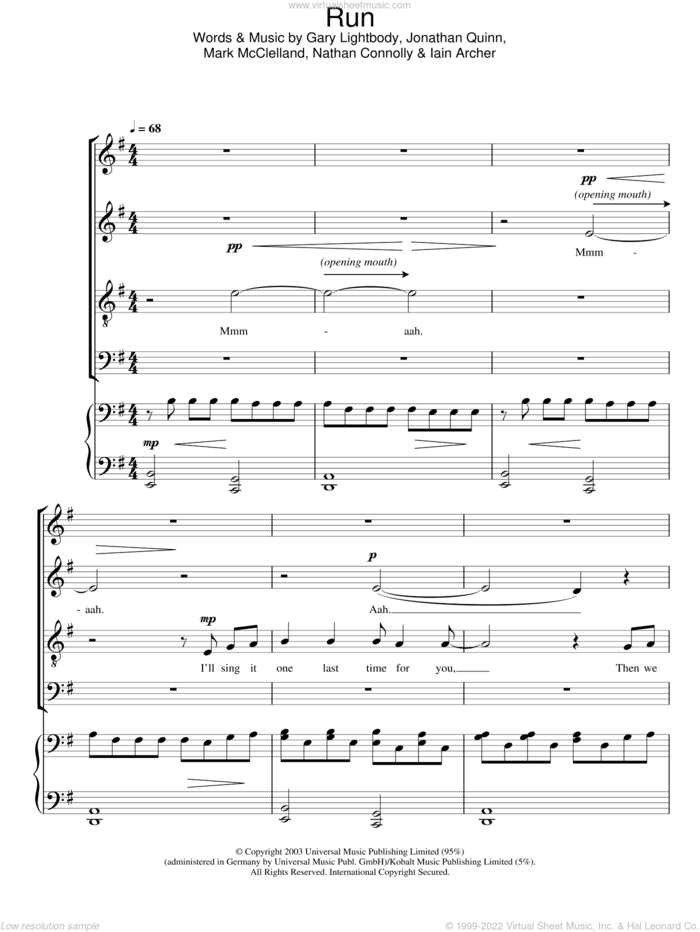 Run (arr. Jeremy Birchall) sheet music for choir (SATB: soprano, alto, tenor, bass) by Snow Patrol, Jeremy Birchall and Leona Lewis, intermediate skill level