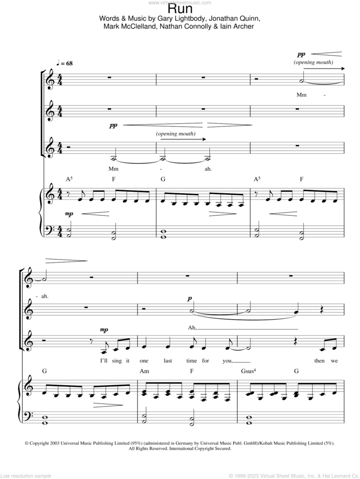 Run (arr. Jeremy Birchall) sheet music for choir (SSA: soprano, alto) by Snow Patrol, Jeremy Birchall and Leona Lewis, intermediate skill level