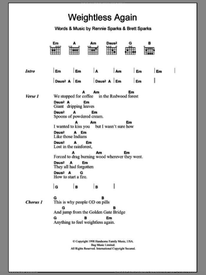 Weightless Again sheet music for guitar (chords) by The Handsome Family, intermediate skill level
