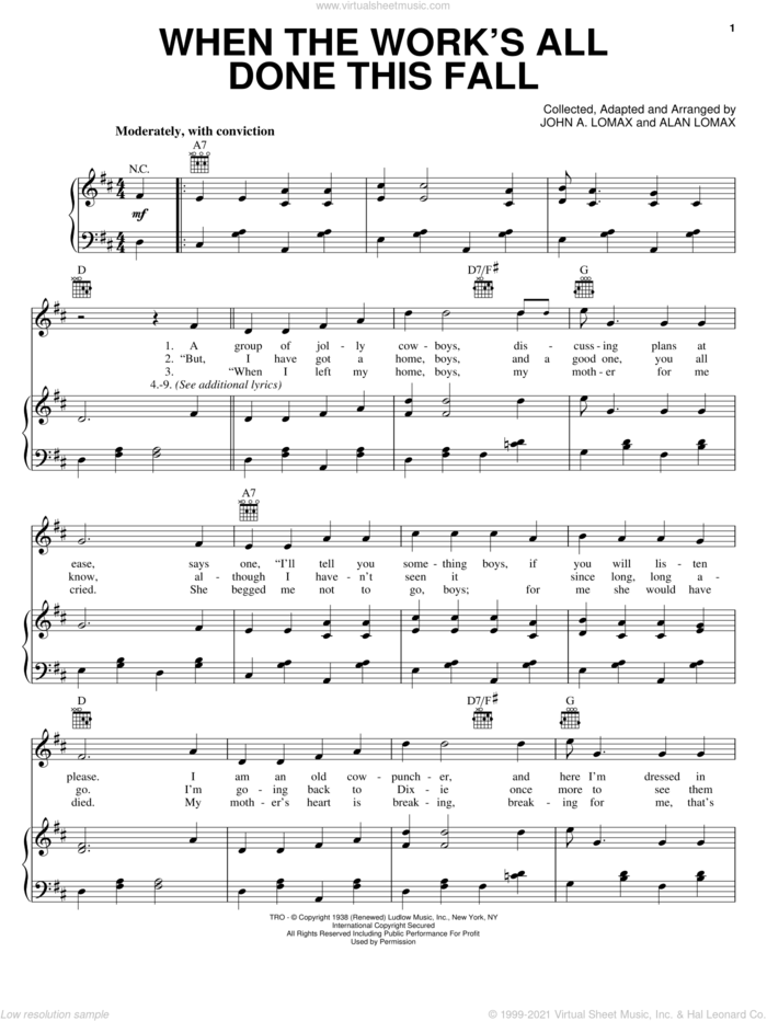 When The Work's All Done This Fall sheet music for voice, piano or guitar by John A. Lomax, intermediate skill level
