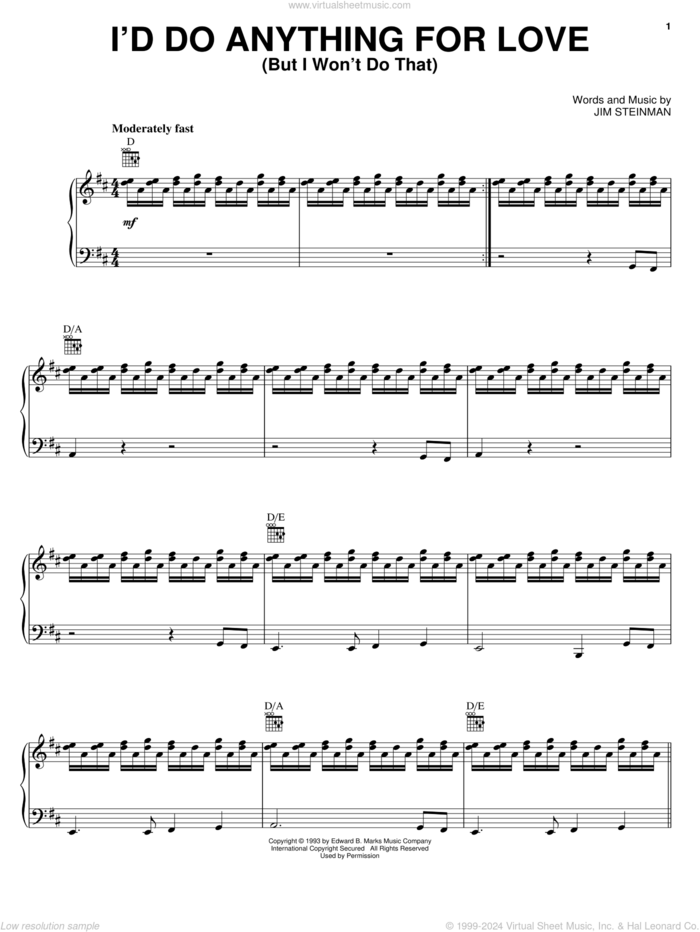 I'd Do Anything For Love (But I Won't Do That) sheet music for voice, piano or guitar by Meat Loaf and Jim Steinman, intermediate skill level