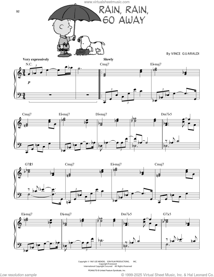 Rain, Rain, Go Away, (intermediate) sheet music for piano solo by Vince Guaraldi, intermediate skill level