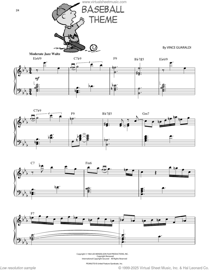 Baseball Theme, (intermediate) sheet music for piano solo by Vince Guaraldi, intermediate skill level