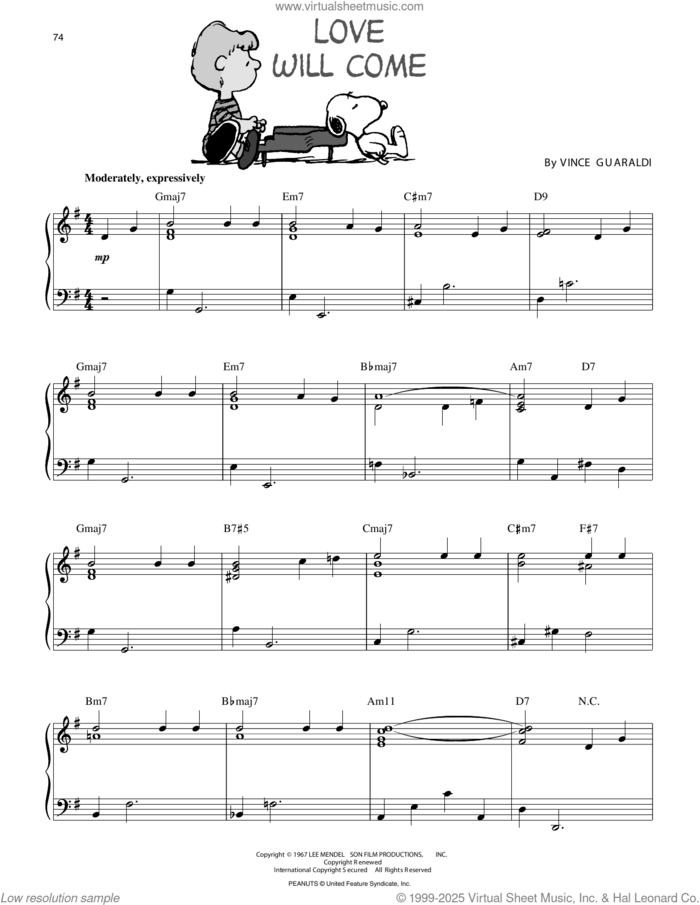 Love Will Come sheet music for piano solo by Vince Guaraldi, intermediate skill level