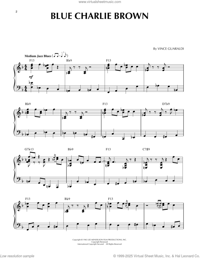 Blue Charlie Brown, (intermediate) sheet music for piano solo by Vince Guaraldi, intermediate skill level