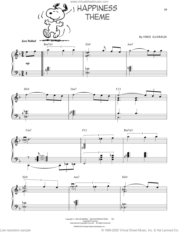 Happiness Theme sheet music for piano solo by Vince Guaraldi, intermediate skill level