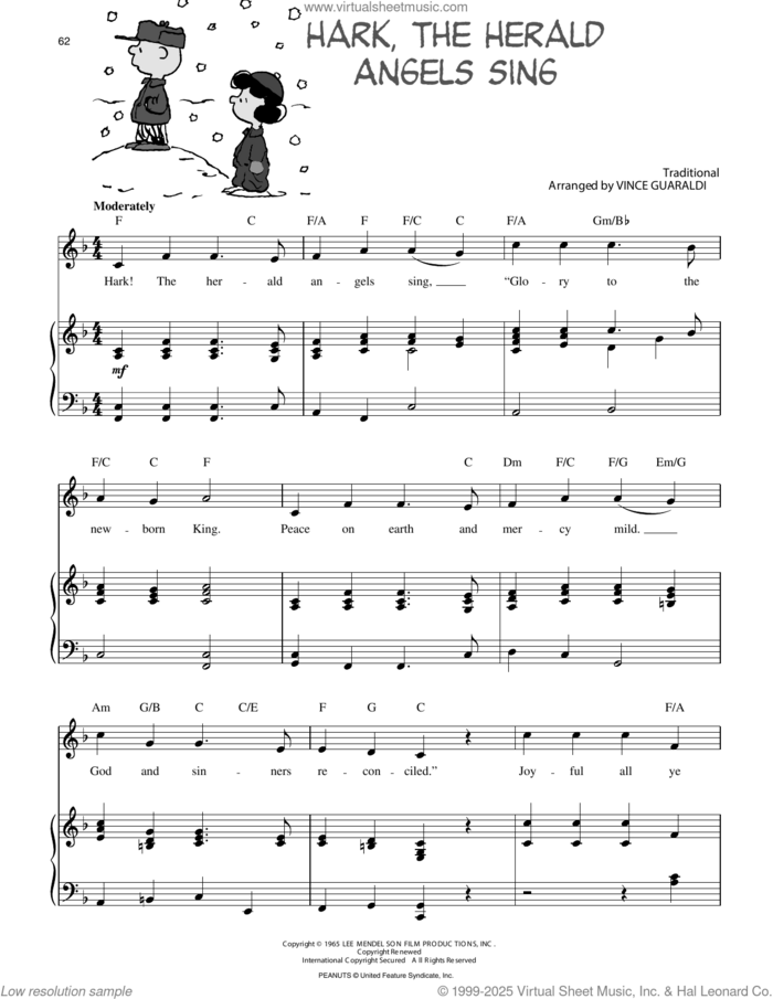 Hark, The Herald Angels Sing sheet music for voice, piano or guitar by Vince Guaraldi, intermediate skill level