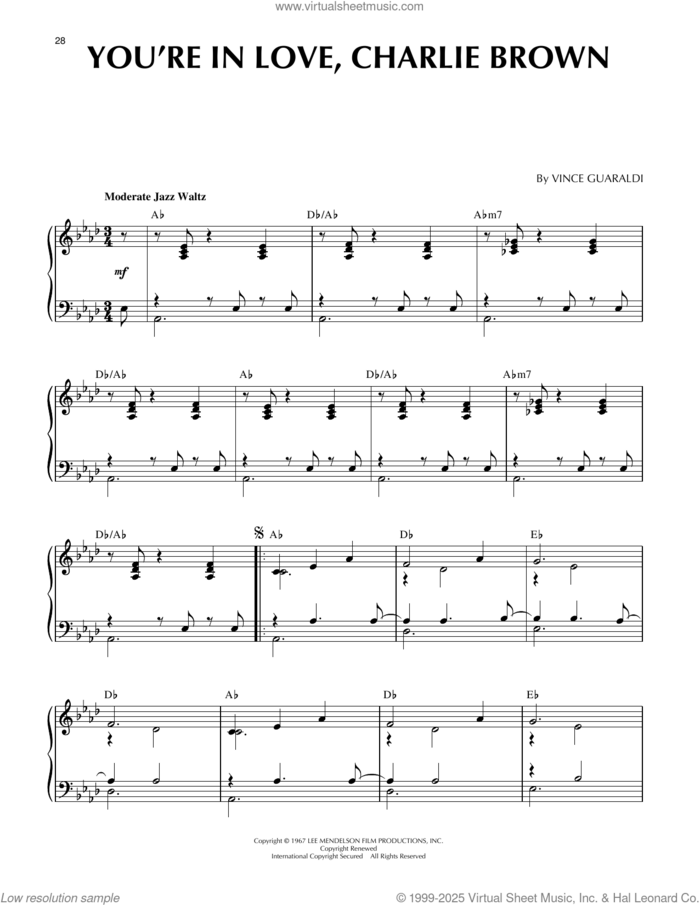 You're In Love, Charlie Brown sheet music for piano solo by Vince Guaraldi and Lee Mendelson, intermediate skill level