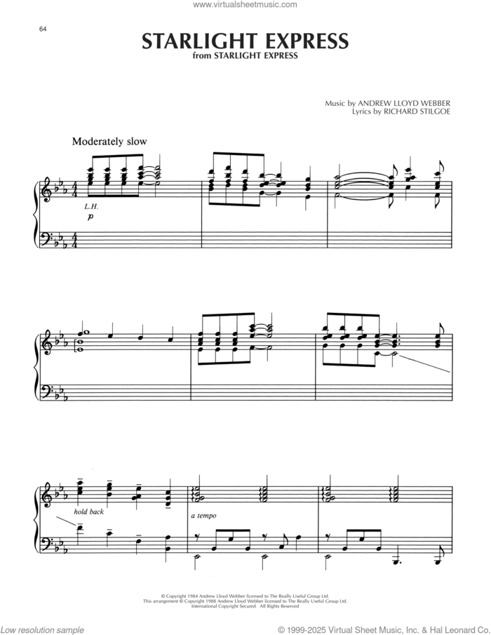 Starlight Express, (intermediate) sheet music for piano solo by Andrew Lloyd Webber and Richard Stilgoe, classical score, intermediate skill level