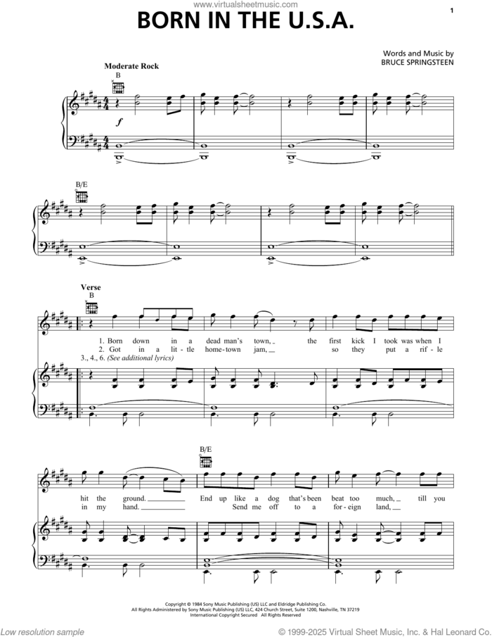 Born In The U.S.A. sheet music for voice, piano or guitar by Bruce Springsteen, intermediate skill level