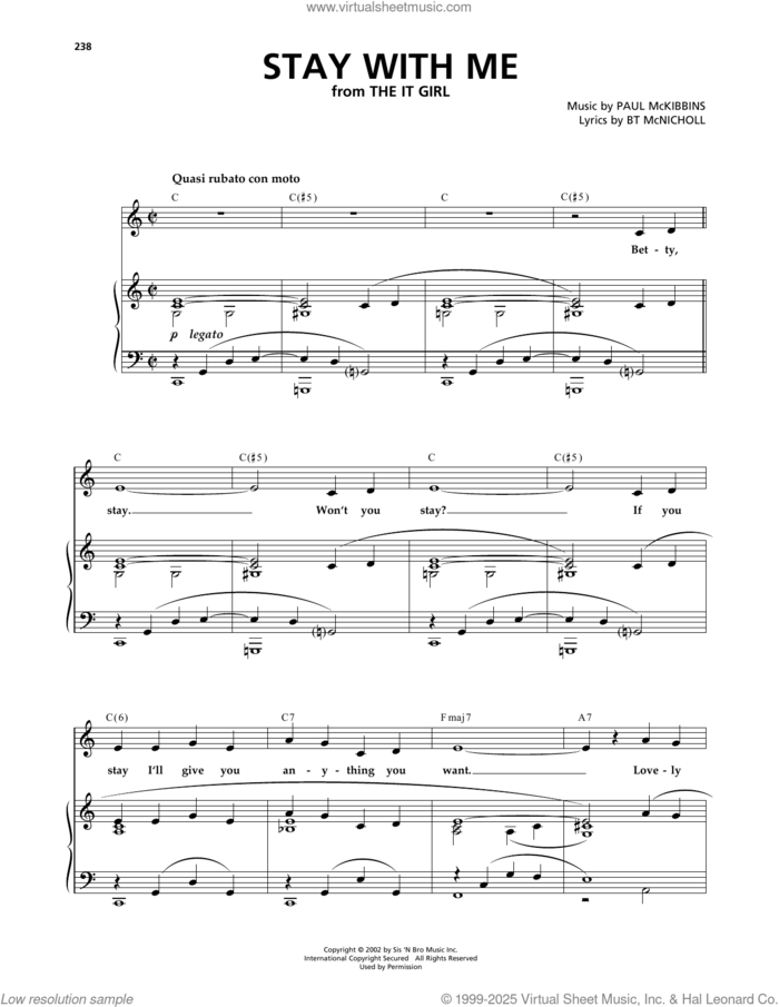 Stay With Me (from 101 Dalmatians The Musical) sheet music for voice and piano by Bt Mcnicholl and Paul Mckibbins, intermediate skill level