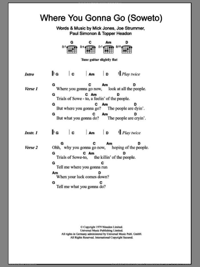 Where You Gonna Go (Soweto) sheet music for guitar (chords) by The Clash, intermediate skill level