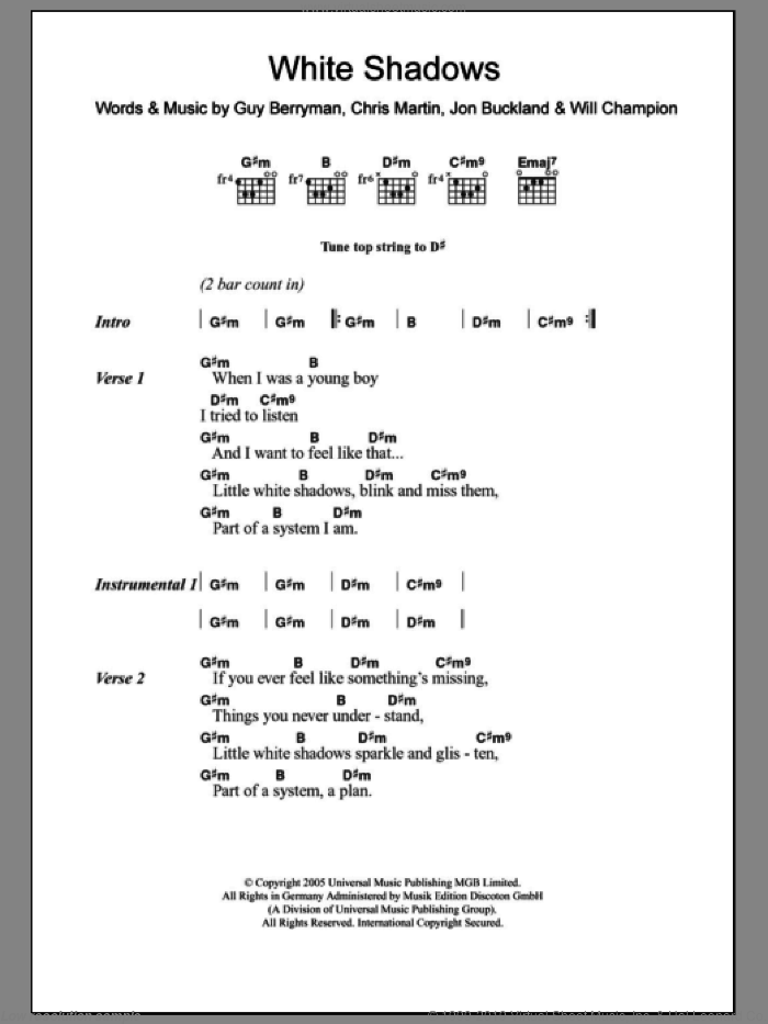 White Shadows sheet music for guitar (chords) by Coldplay, intermediate skill level
