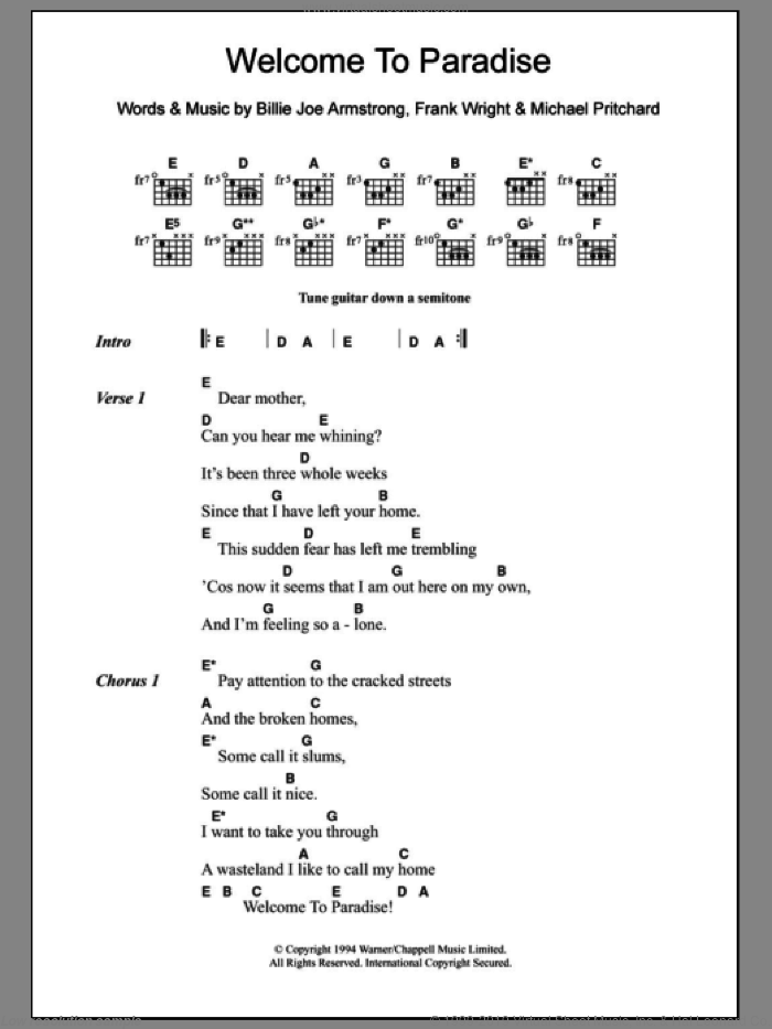 Welcome To Paradise sheet music for guitar (chords) by Green Day, intermediate skill level