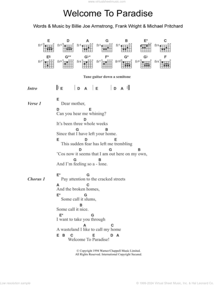 Welcome To Paradise sheet music for guitar (chords) by Green Day, intermediate skill level