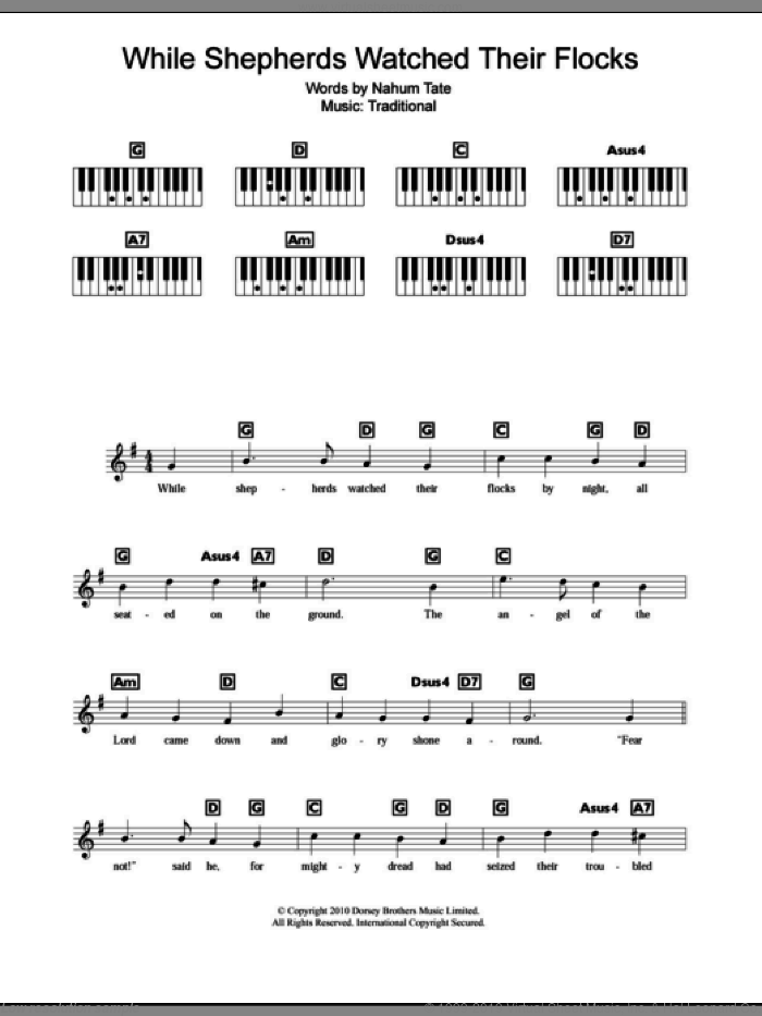 While Shepherds Watched Their Flocks sheet music for piano solo (chords, lyrics, melody)  and Nahum Tate, intermediate piano (chords, lyrics, melody)