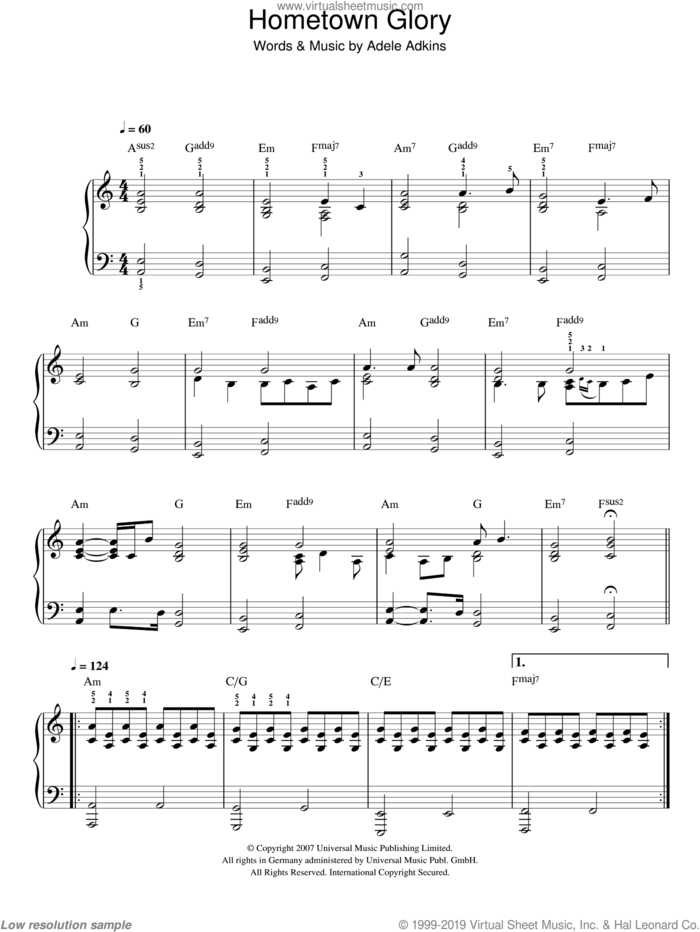 Hometown Glory sheet music for piano solo by Adele, easy skill level