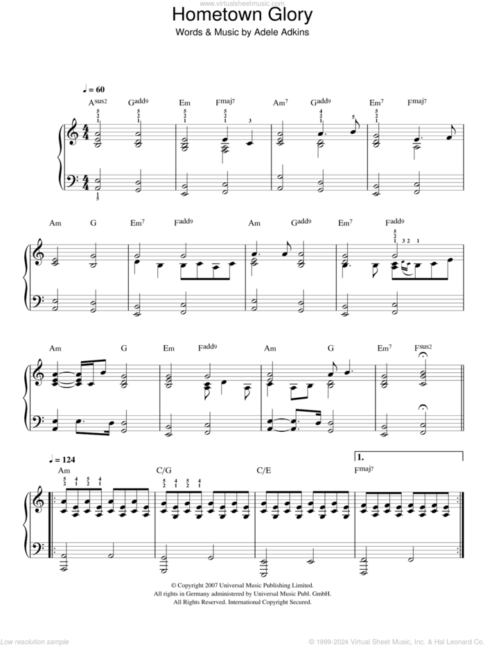 Hometown Glory sheet music for piano solo by Adele, easy skill level