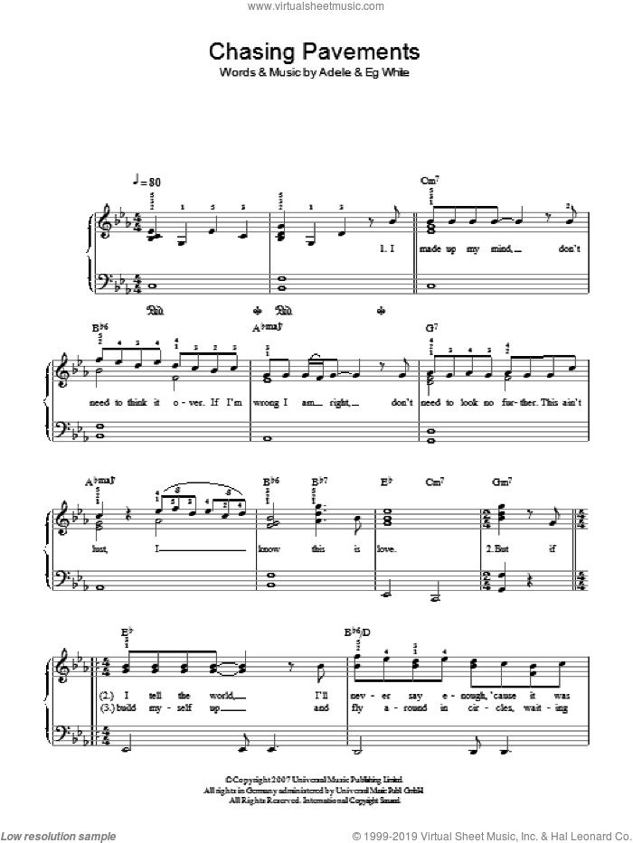 Chasing Pavements sheet music for piano solo by Adele, easy skill level