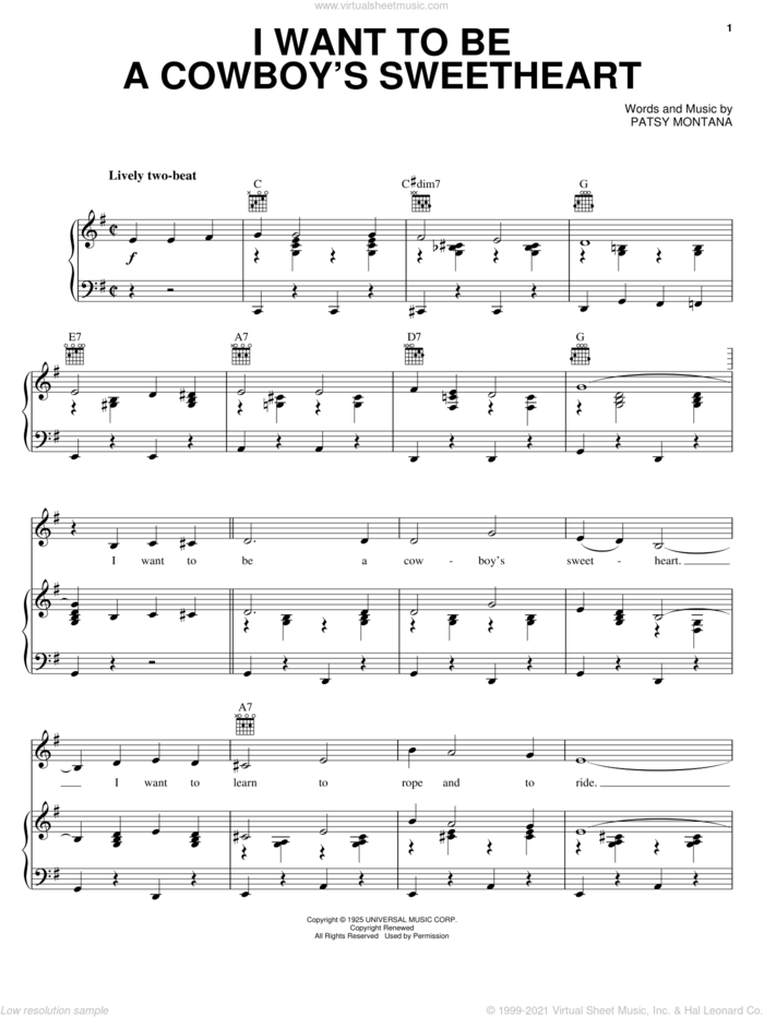 I Want To Be A Cowboy's Sweetheart sheet music for voice, piano or guitar by Patsy Montana, LeAnn Rimes and Suzy Bogguss, intermediate skill level