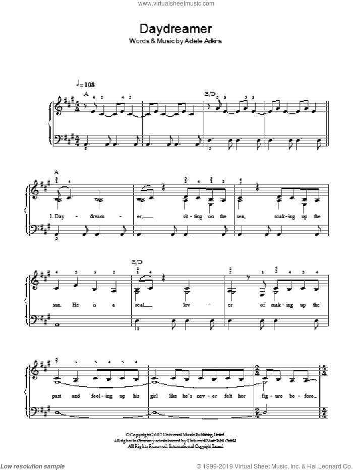 Daydreamer sheet music for piano solo by Adele, easy skill level
