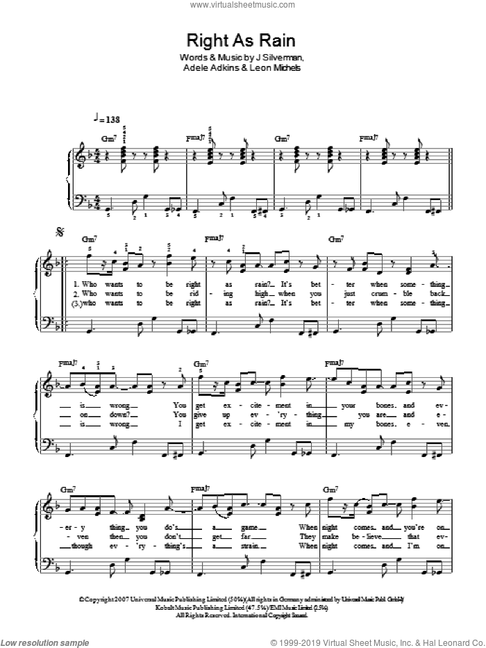 Right As Rain sheet music for piano solo by Adele, easy skill level
