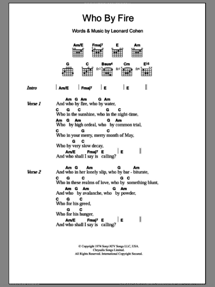 Who By Fire sheet music for guitar (chords) by Leonard Cohen, intermediate skill level