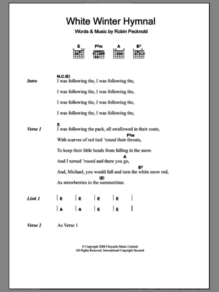 White Winter Hymnal sheet music for guitar (chords) by Fleet Foxes, intermediate skill level