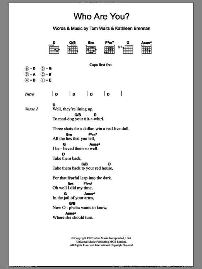 Who Are You sheet music for guitar (chords) by Tom Waits, intermediate skill level