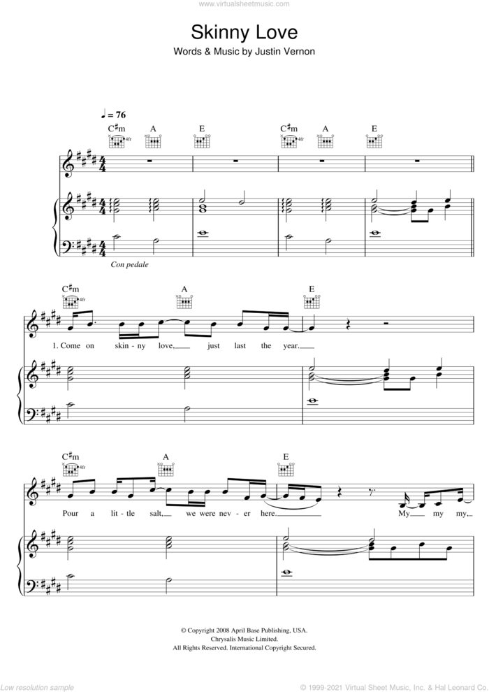 Skinny Love sheet music for voice, piano or guitar by Birdy, Bon Iver and Justin Vernon, intermediate skill level