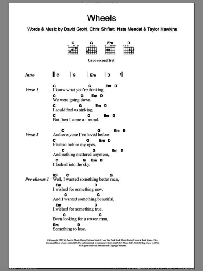 Wheels sheet music for guitar (chords) by Foo Fighters, intermediate skill level