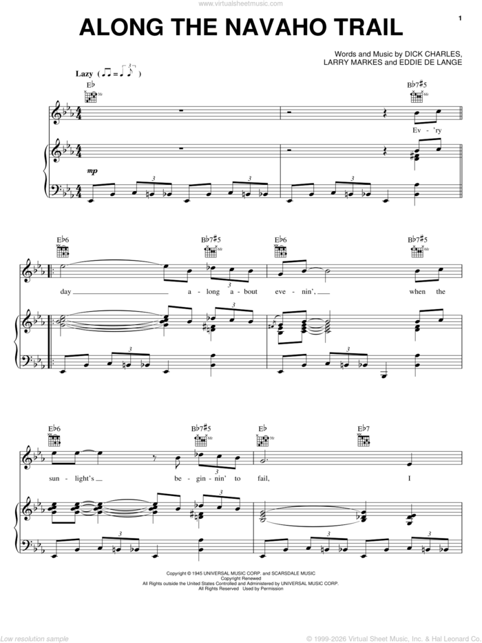 Along The Navajo Trail sheet music for voice, piano or guitar by Roy Rogers, Bing Crosby, Frankie Laine, Dick Charles, Eddie DeLange and Larry Markes, intermediate skill level