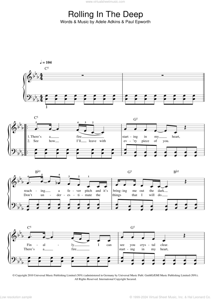 Rolling In The Deep sheet music for piano solo by Adele and Paul Epworth, easy skill level