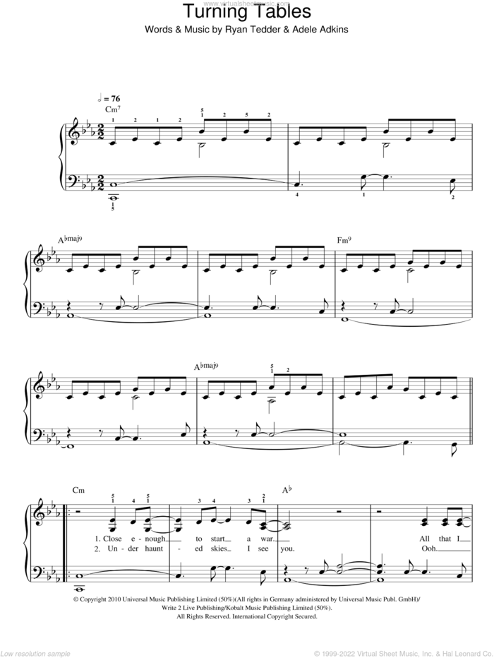 Turning Tables sheet music for piano solo by Adele, easy skill level