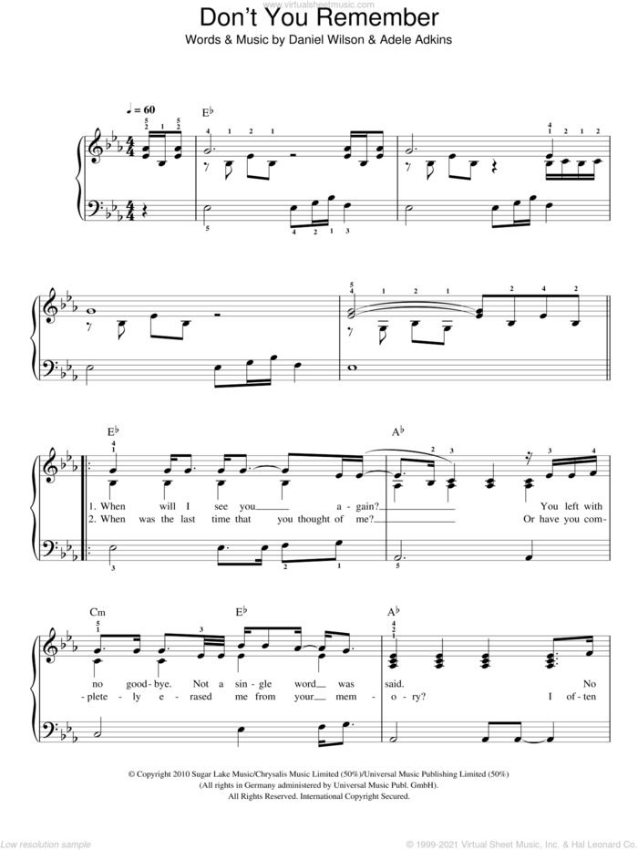 Don't You Remember sheet music for piano solo by Adele, easy skill level