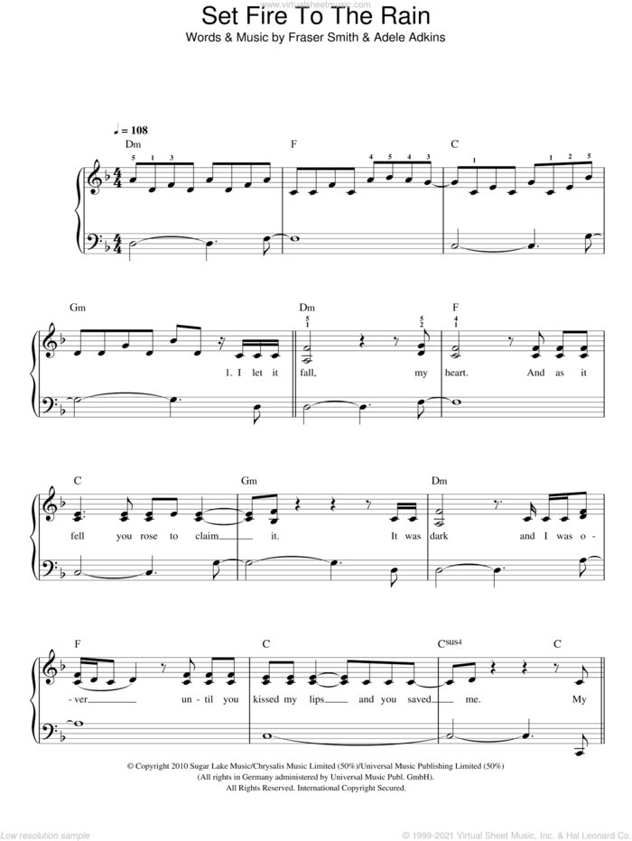 Set Fire To The Rain sheet music for piano solo by Adele, easy skill level