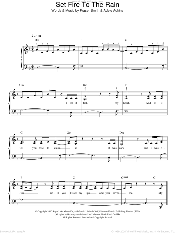 Set Fire To The Rain sheet music for piano solo by Adele, easy skill level