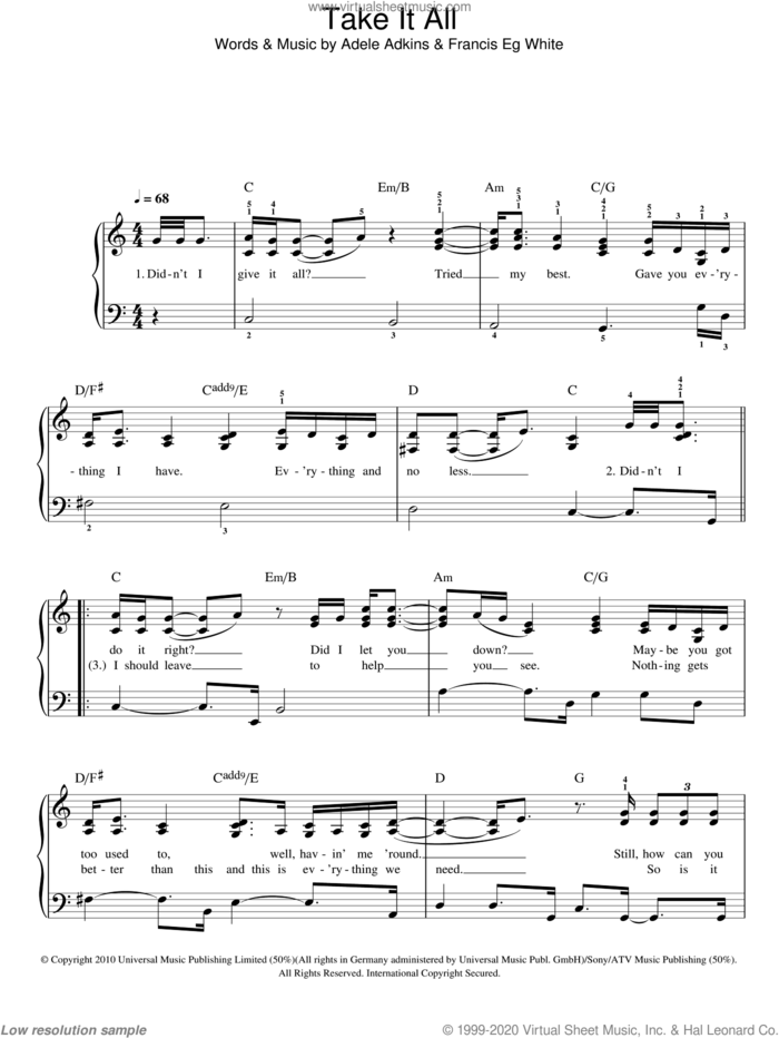 Take It All sheet music for piano solo by Adele, easy skill level
