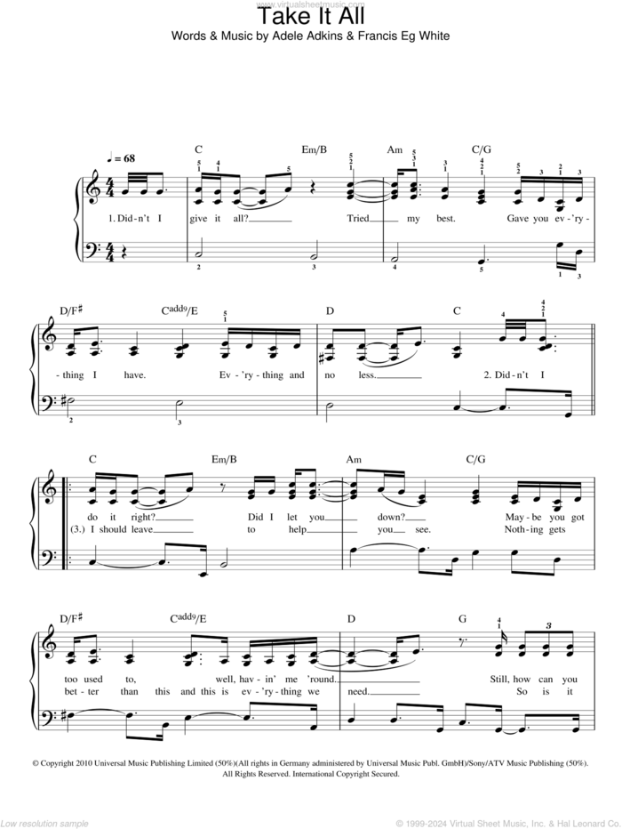 Take It All sheet music for piano solo by Adele, easy skill level